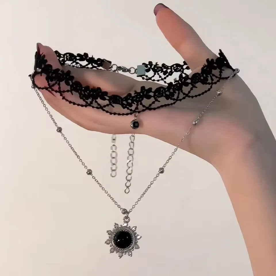 Gothic Vintage Y2K Black Sun Pendant Lace Multi Layer Chain Choker Necklace For Women Egirl Trendy Aesthetic Jewelry Accessories