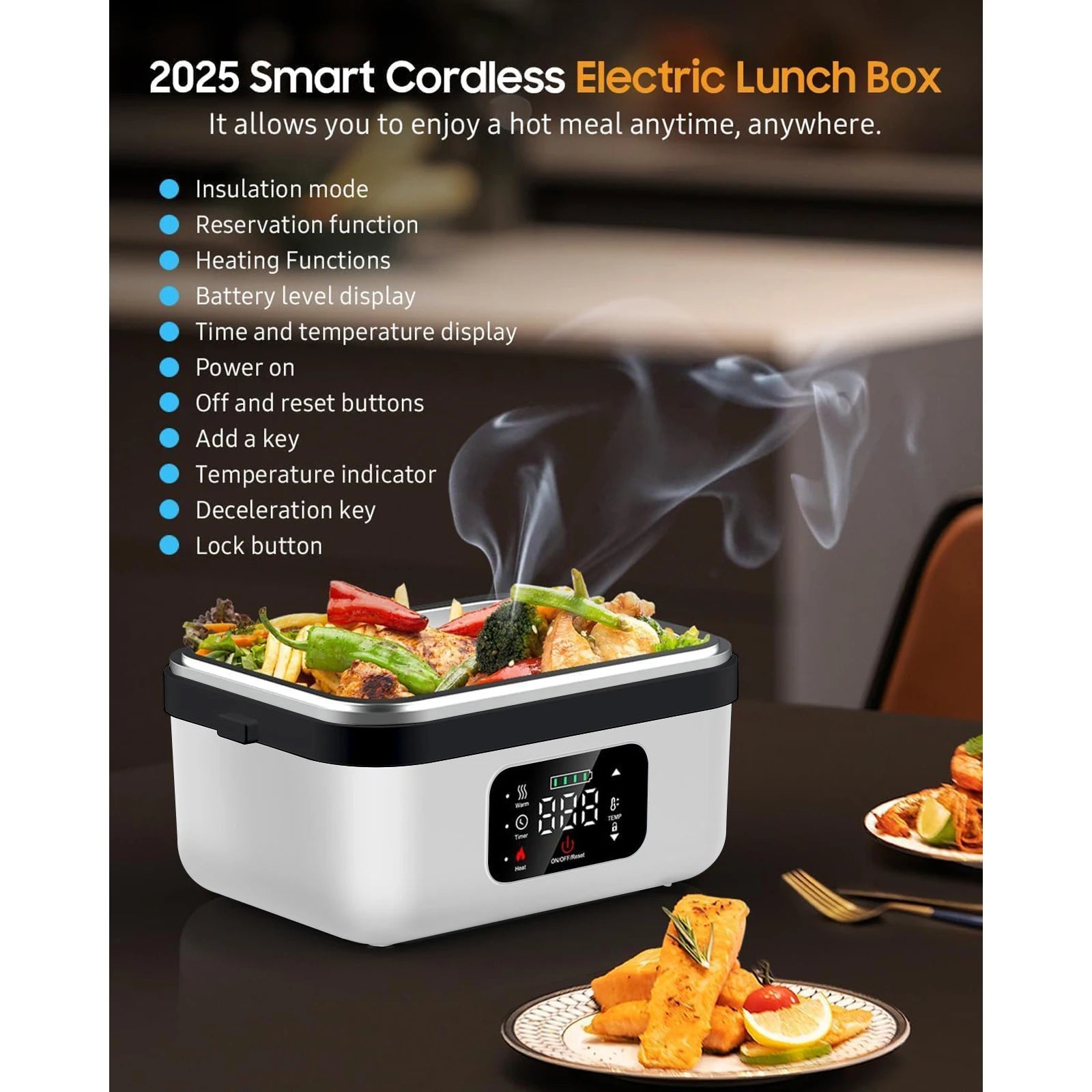 8000mAh Rechargeable Timer Automatic Heating Lunch Box, 1L Portable Food Warmer with Fork and Spoon and Insulated Carrying Bag