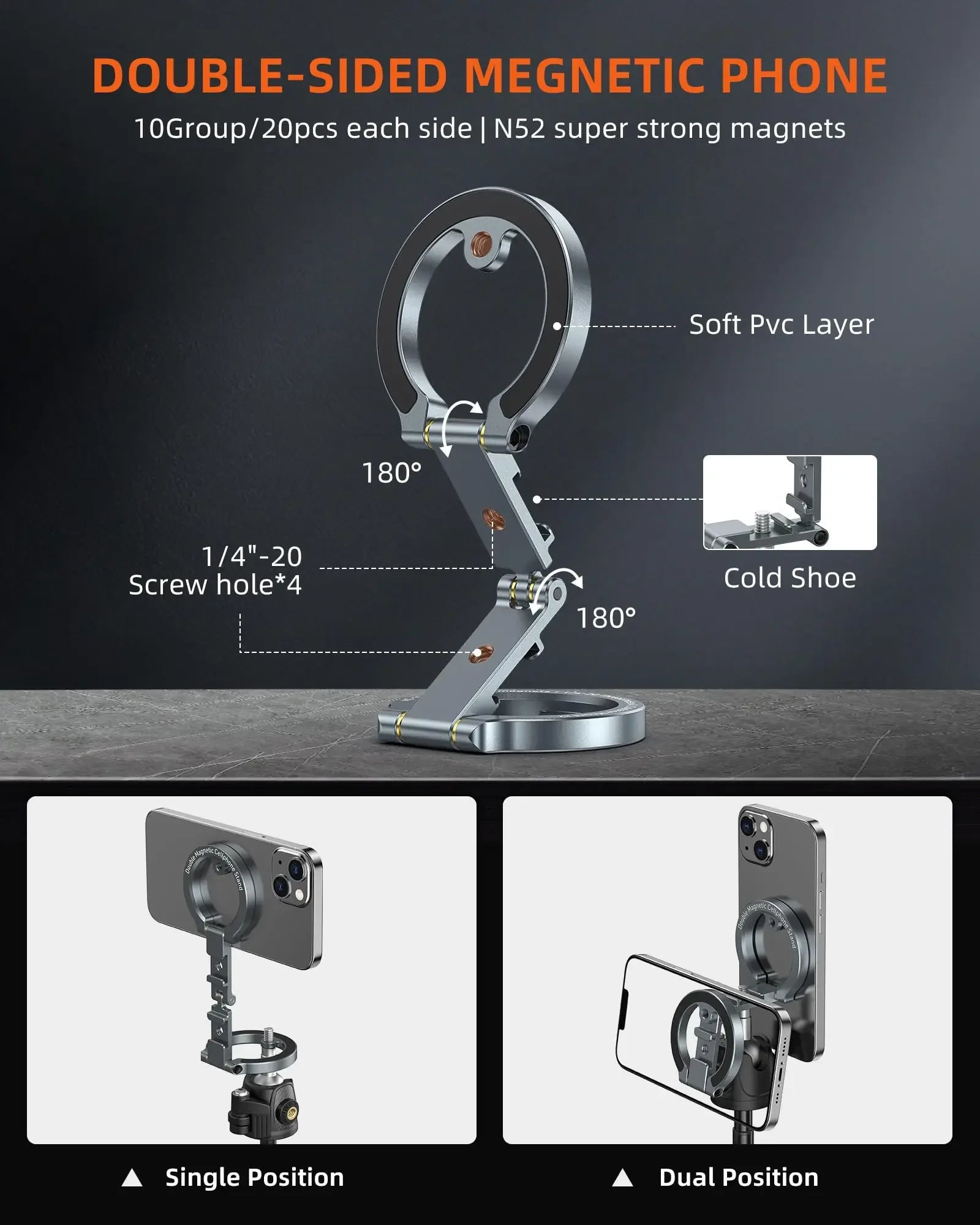 Foldable Magsafe Phone Holder w 1/4"-20 Gym Phone Mount Dual Magnetic Phone Stand for Iphone 17 16 Android Phone VLOG