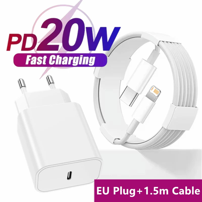 20W PD EU Plug Fast Charger For iPhone 11 12 13 Mini 14 Pro Max X XR XS Max 7 8 Plus SE Quick Charging USB-C PD Charger Cables