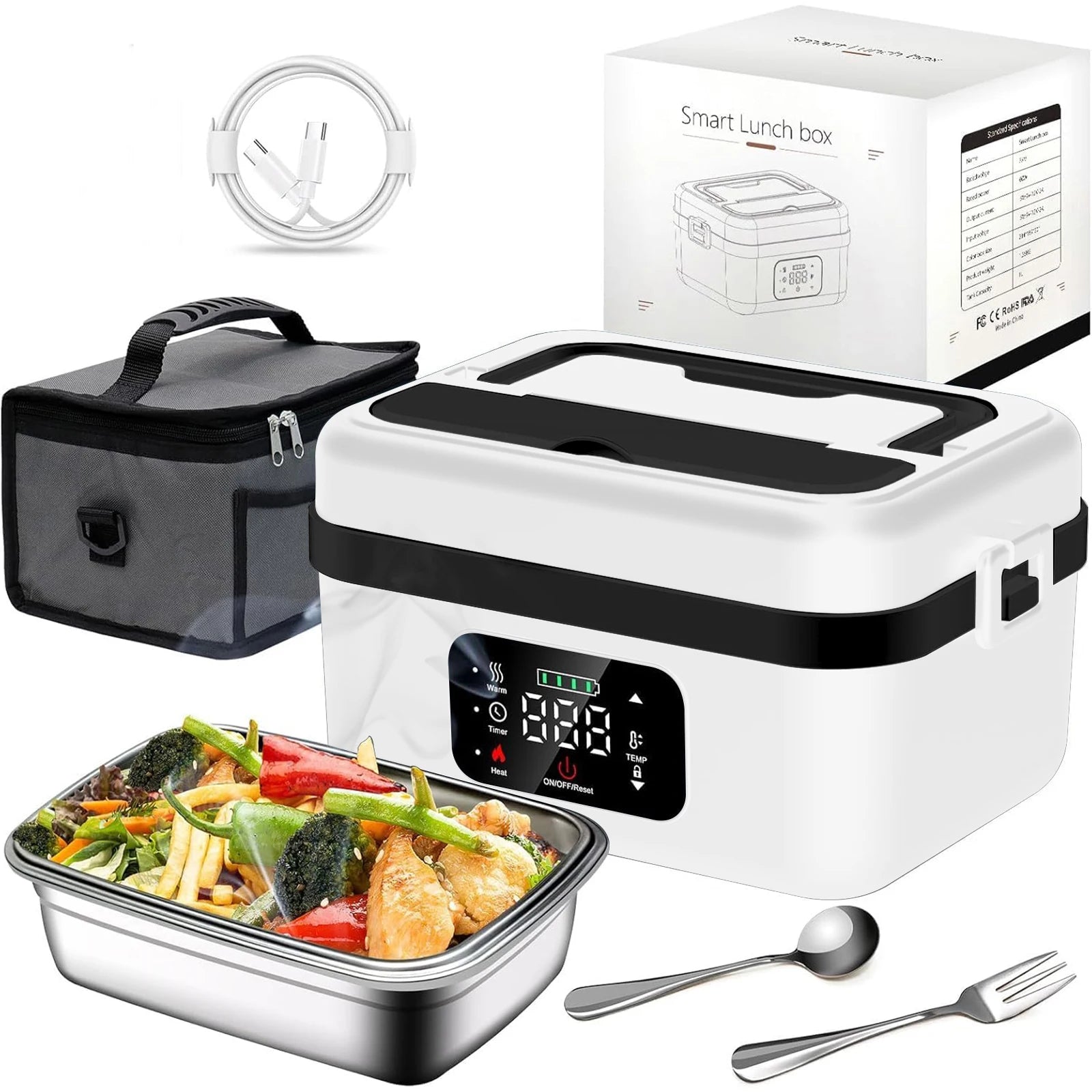 8000mAh Rechargeable Timer Automatic Heating Lunch Box, 1L Portable Food Warmer with Fork and Spoon and Insulated Carrying Bag