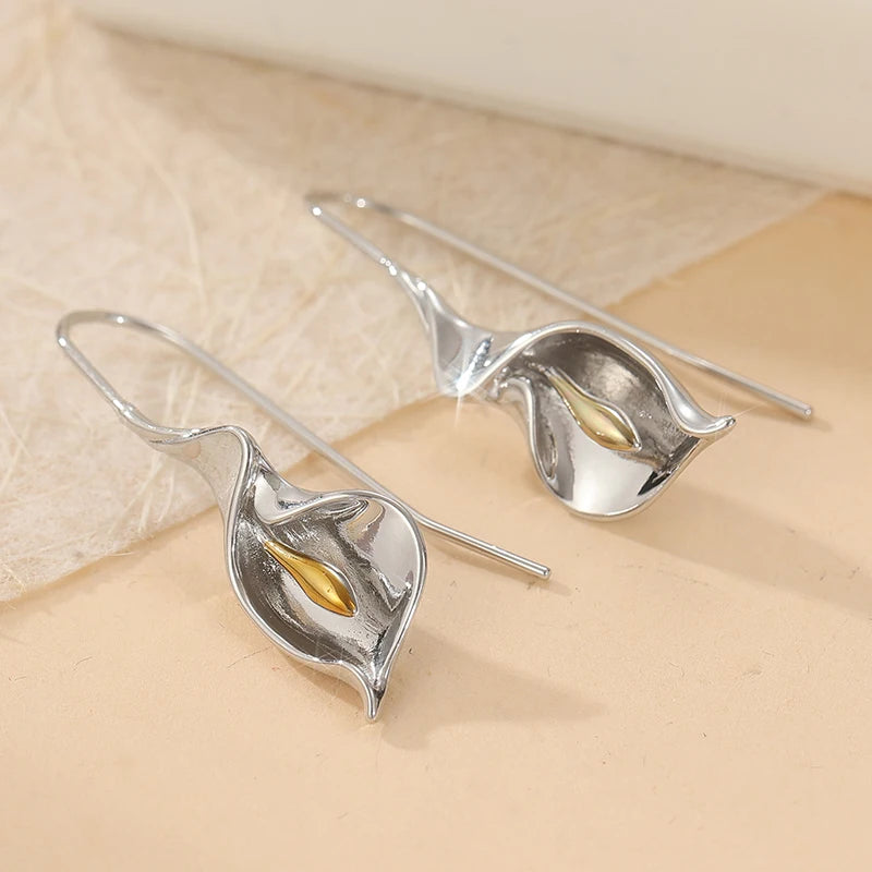 Exquisite Blooming Flower Hook Earrings Personality Accessories Gold Silver Color Plant Dangle Earrings For Women Jewelry