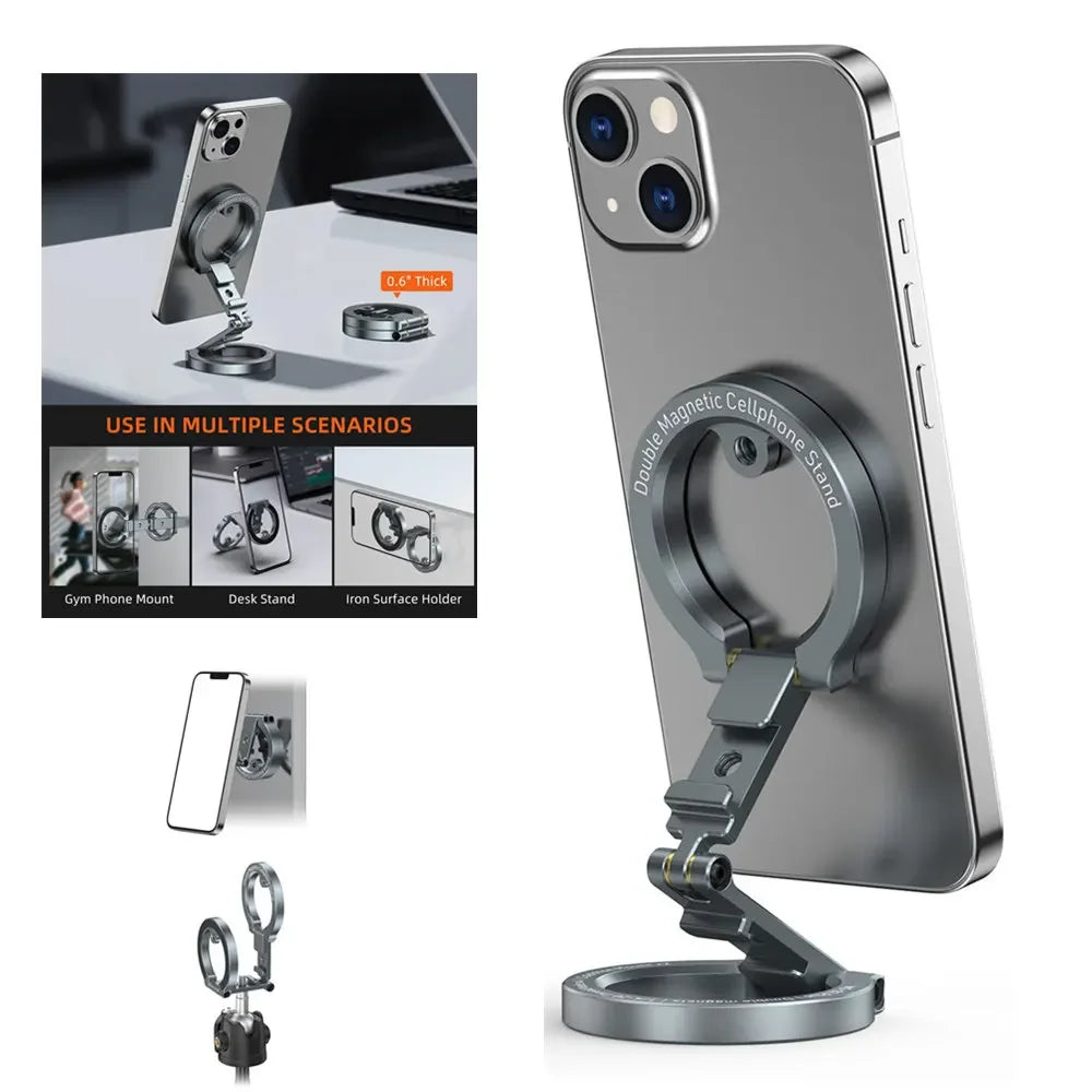 Foldable Magsafe Phone Holder w 1/4"-20 Gym Phone Mount Dual Magnetic Phone Stand for Iphone 17 16 Android Phone VLOG