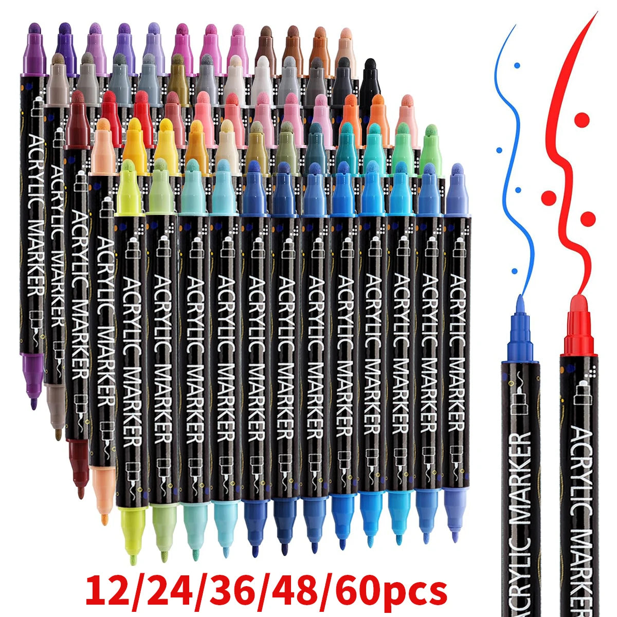 12/24/36/48/60 Colors Dual Tip Acrylic Paint Pens Markers  for Wood Canvas Stone Rock Painting Glass Ceramic Surfaces DIY Crafts