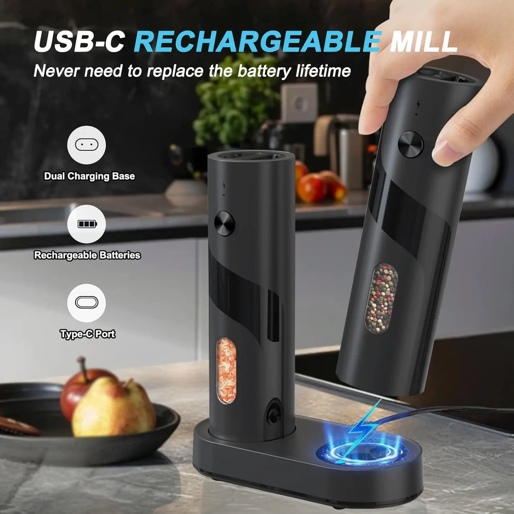 Electric Rechargeable Salt and Pepper Grinder Set Top-Refill Automatic Pepper Mill Grinder with Charging Base, Adjustable Coarse